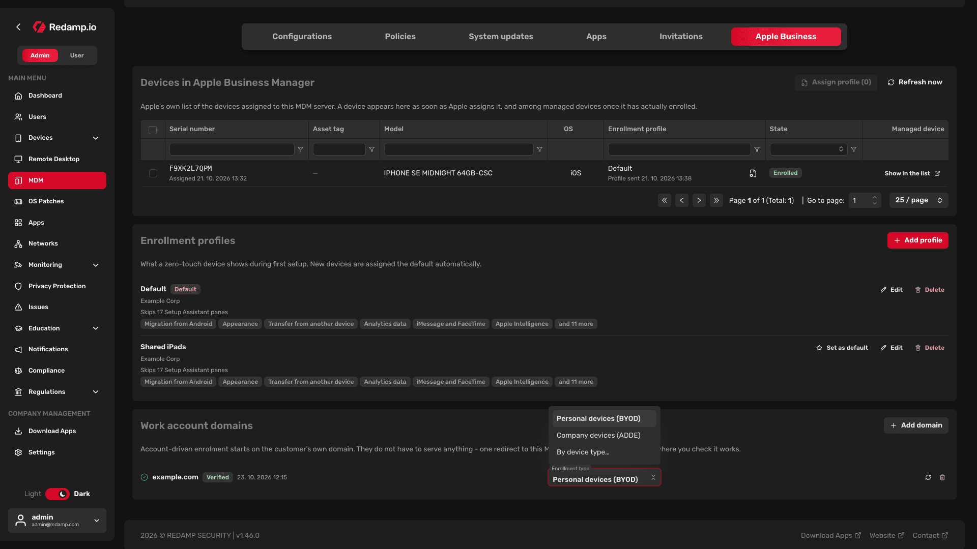 Redamp.io | Work account domains - Enrollment type
