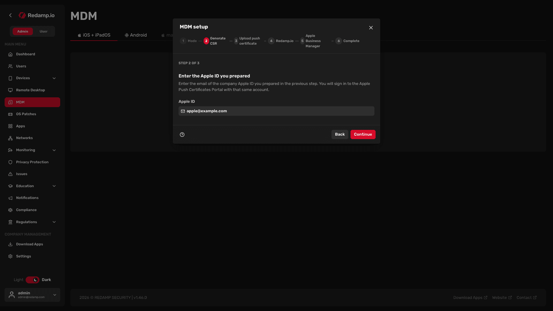 Redamp.io | MDM setup - Enter the Apple ID