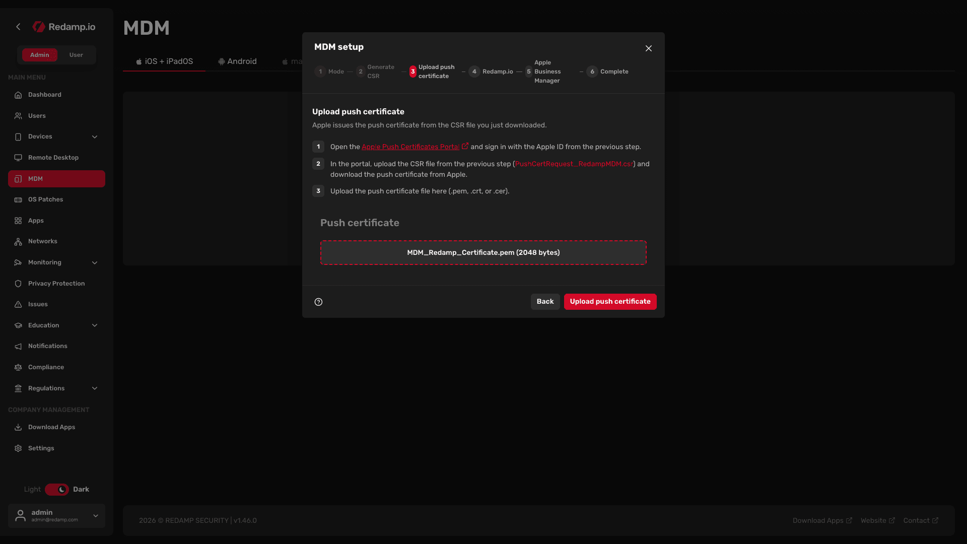 Redamp.io | MDM setup - Upload push certificate