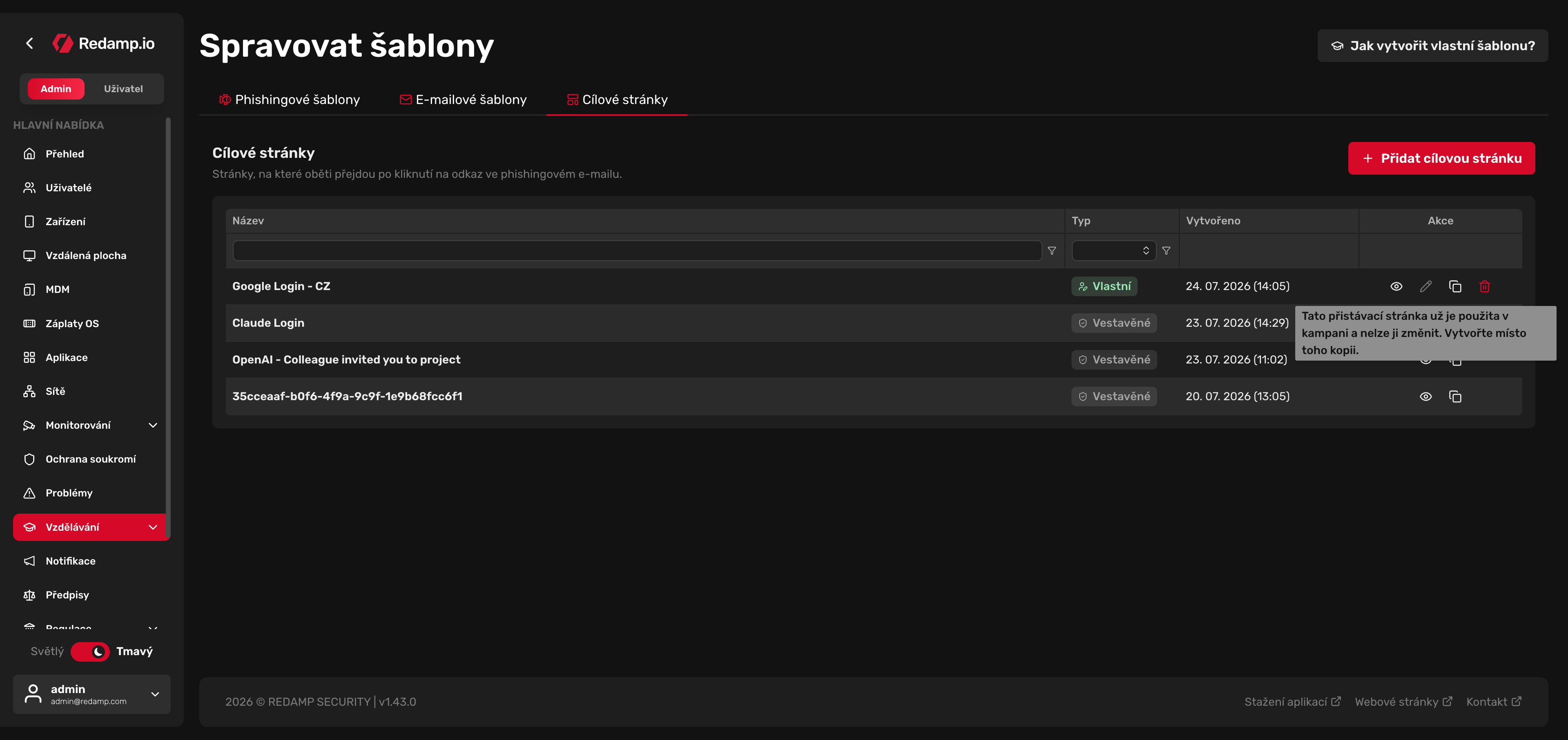 Redamp.io | Akce Upravit je zakázána u položky použité v kampani