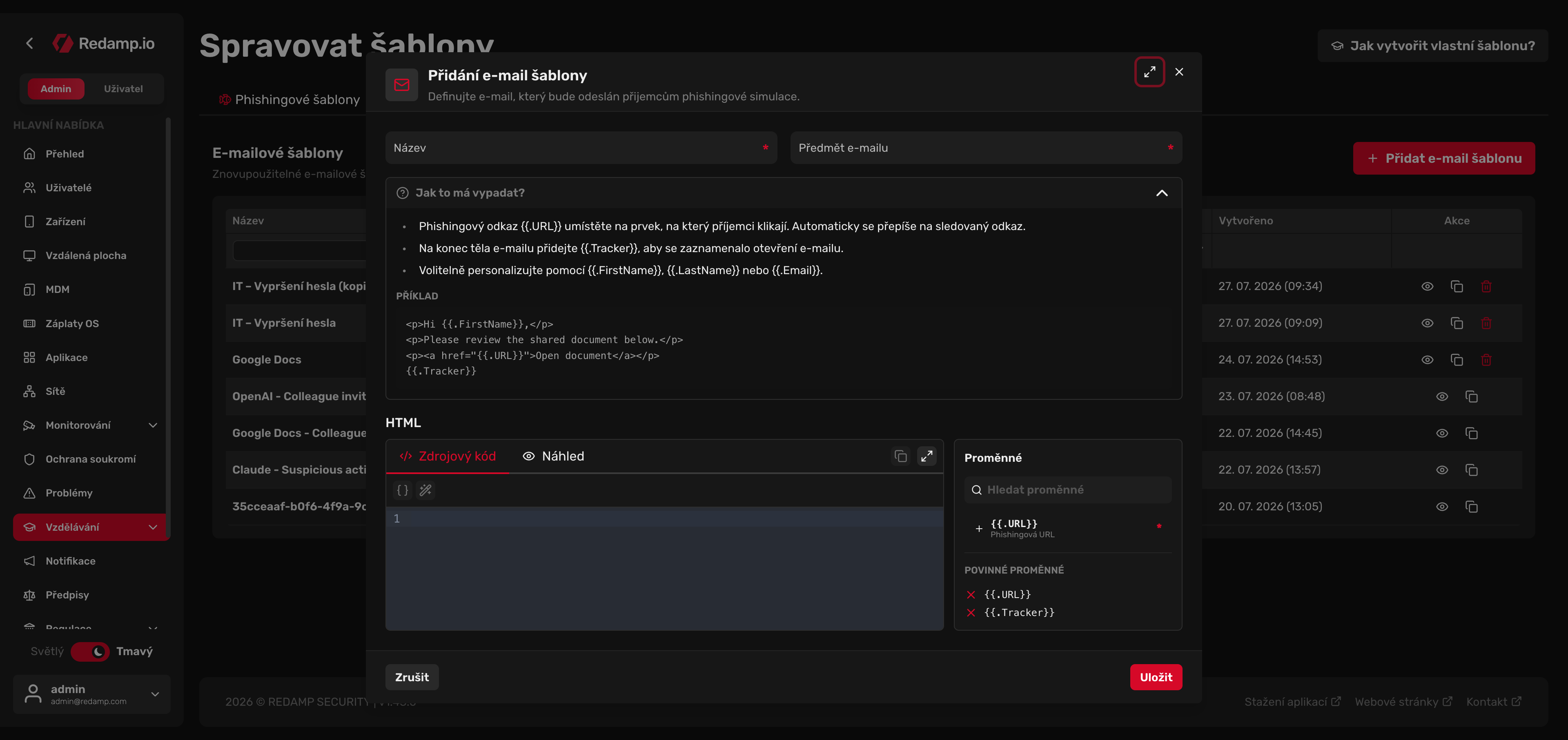 Redamp.io | Přidat e-mailovou šablonu