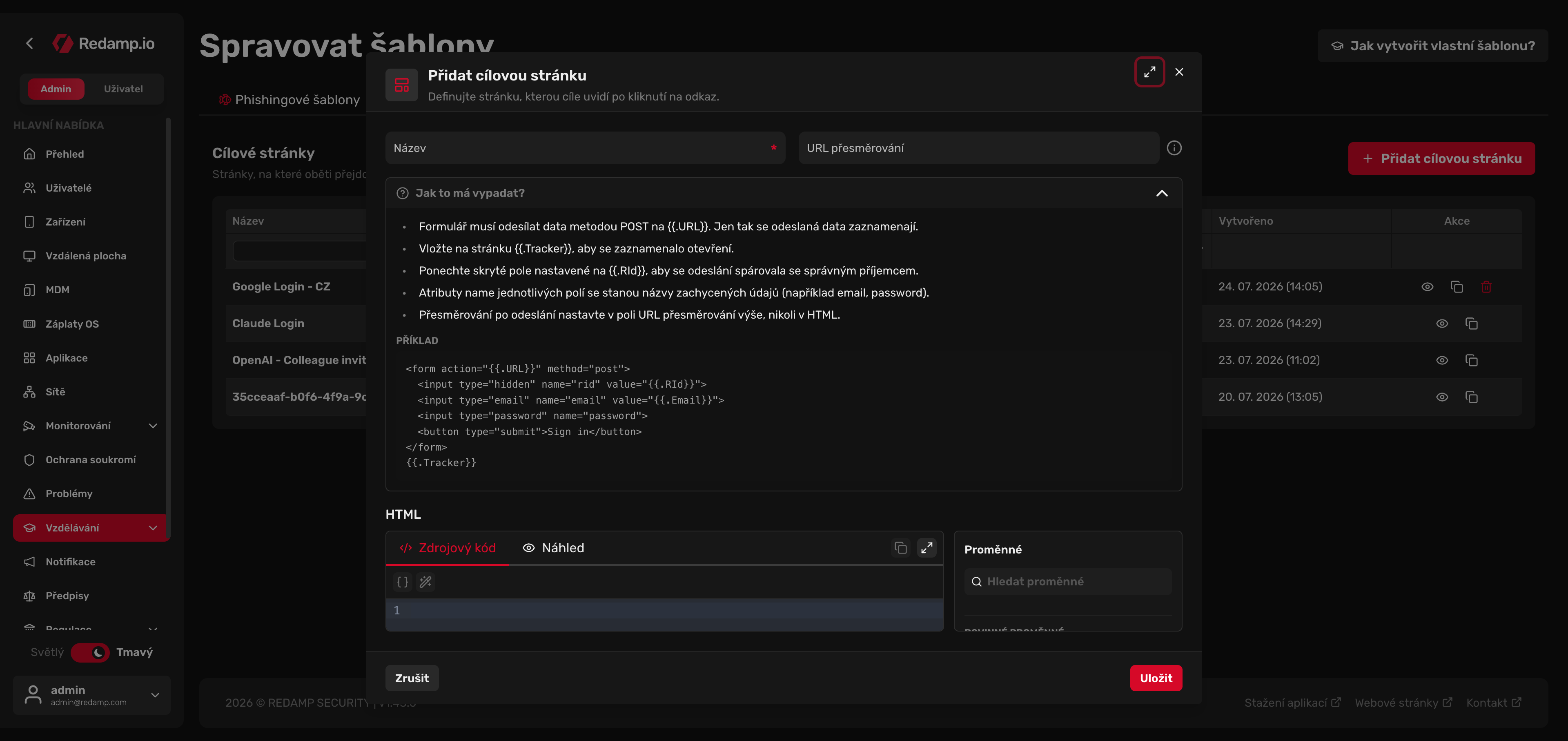 Redamp.io | Přidat cílovou stránku