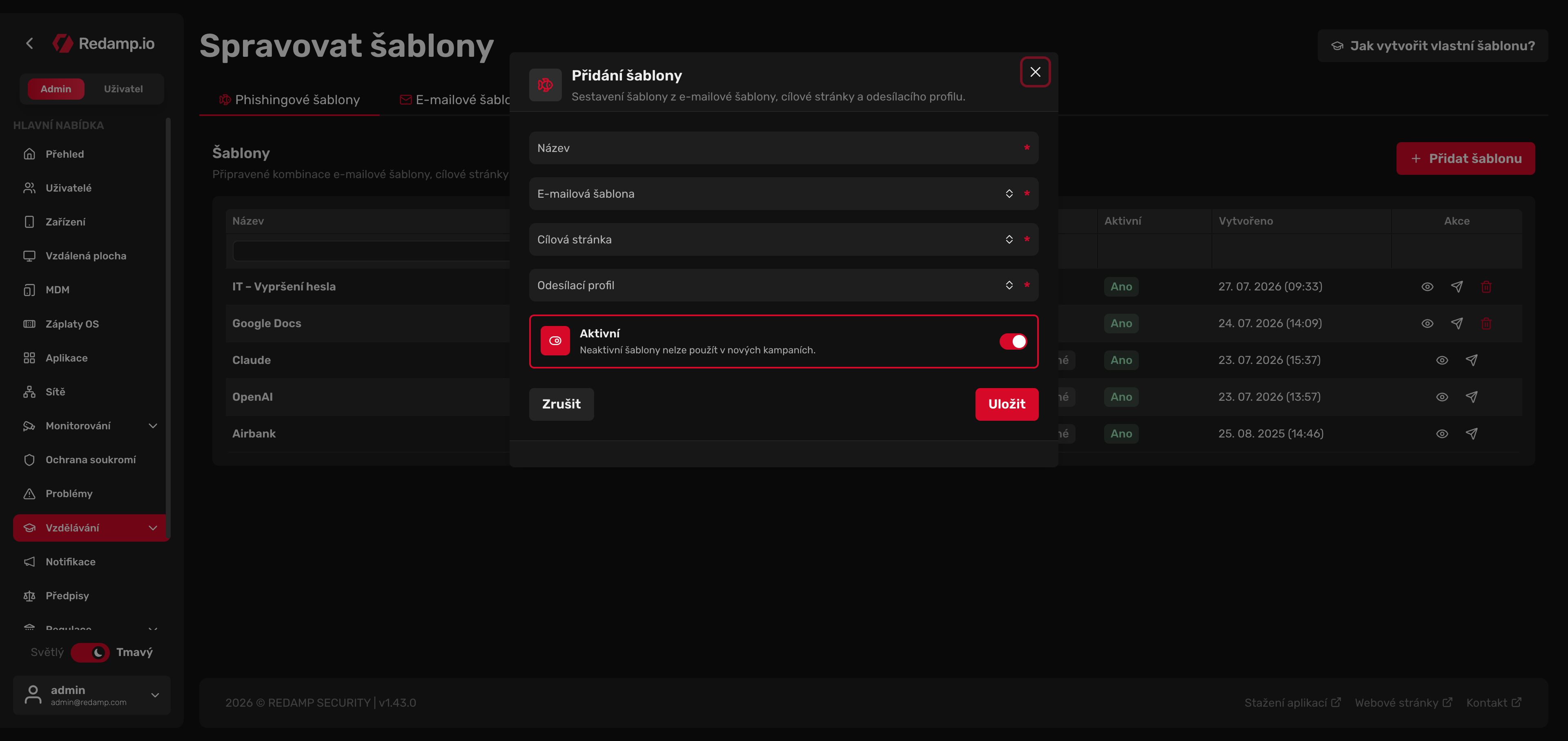 Redamp.io | Přidat phishingovou šablonu