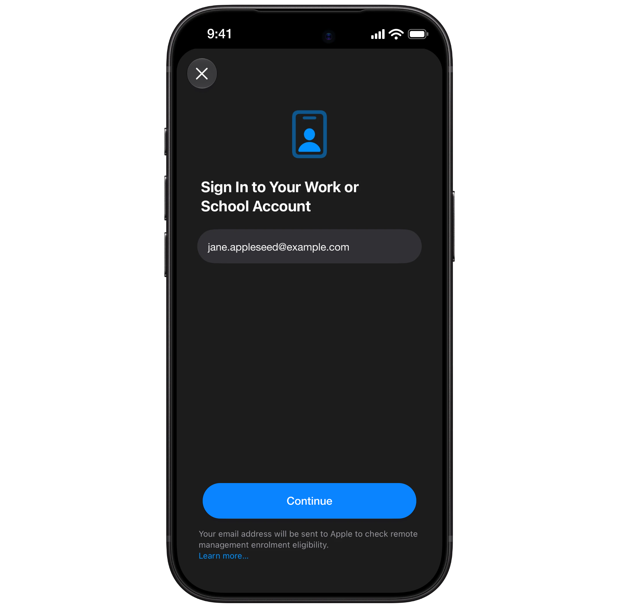 iPhone | the work account field filled in