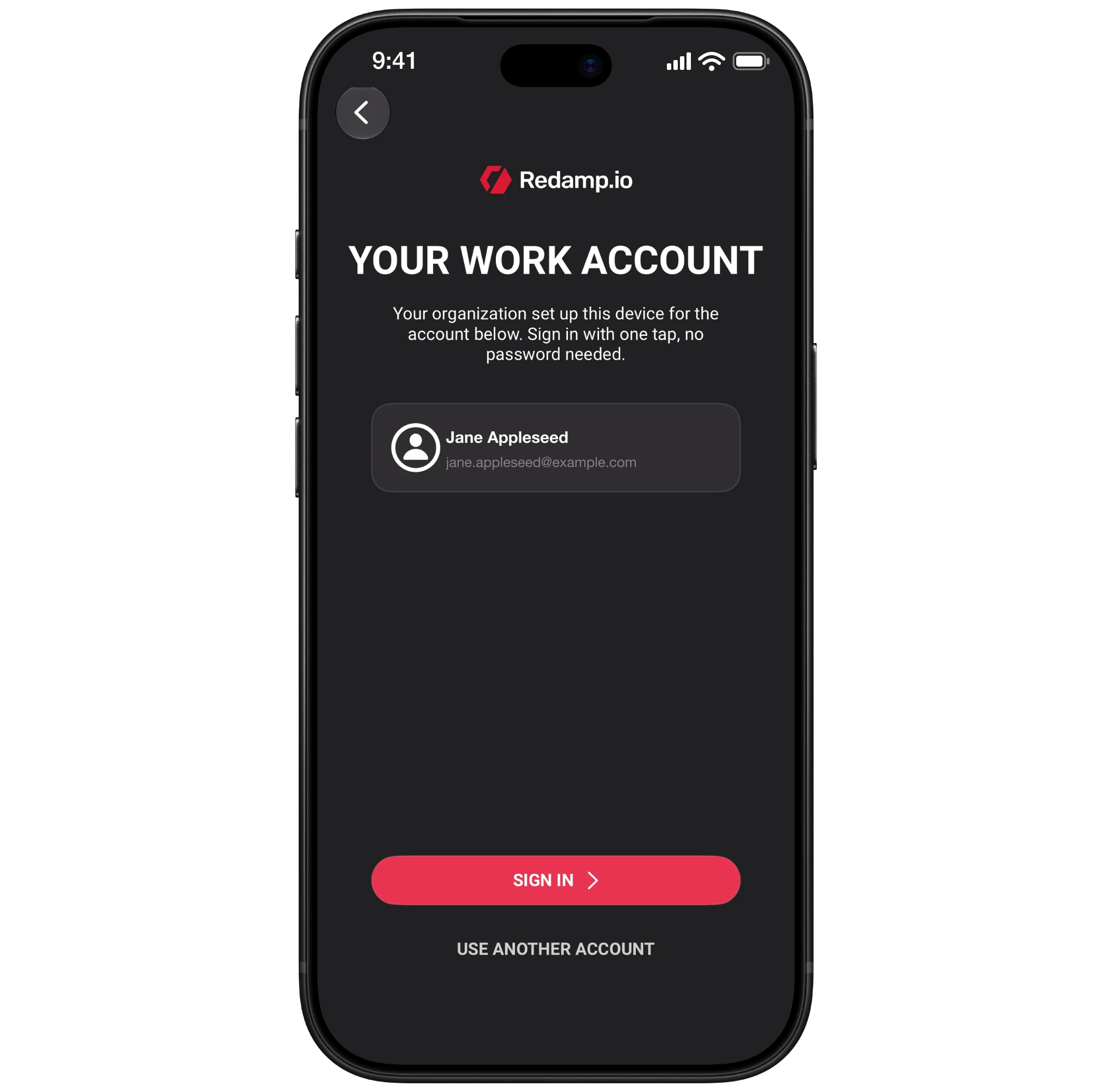 iPhone | Redamp.io app offering sign-in with the work account